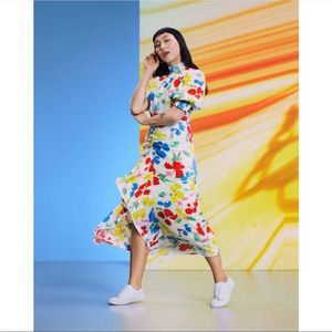 Floral Mock Neck Cascade Ruffle Dress